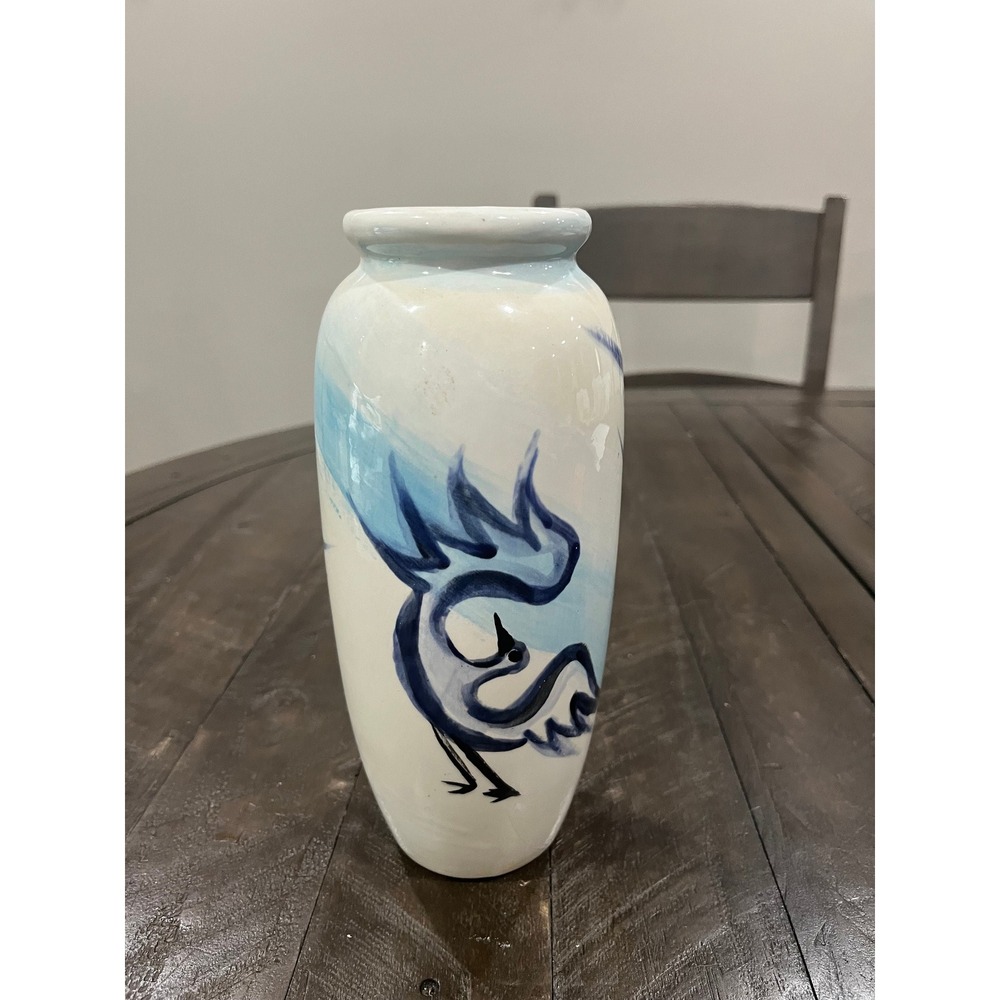 Blue White Bird Vintage Ceramic Vase Hand painted Signed SY‎
